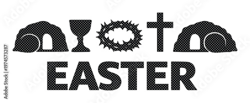 Easter Christian religious symbols vector art, empty tomb, holy chalice, crown of thorns, and cross, spiritual holiday design elements