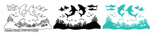 Oceanic shark and fish vector collection, underwater marine life silhouettes, coral reef ecosystem graphic elements, perfect for aquatic designs and educational materials