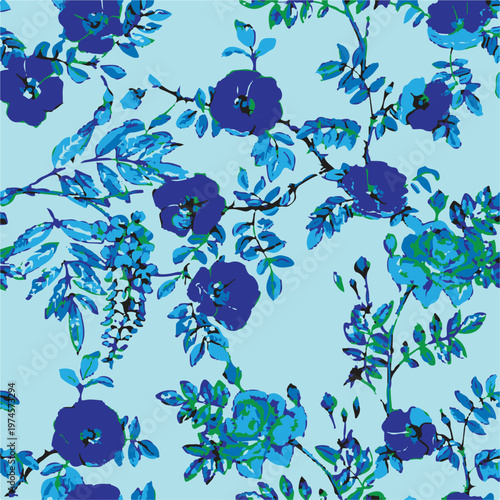 Big flowers pattern, upscale floral pattern. graphical textures floral, trendy colors pattern , flowers background with leaves. vector illustration.