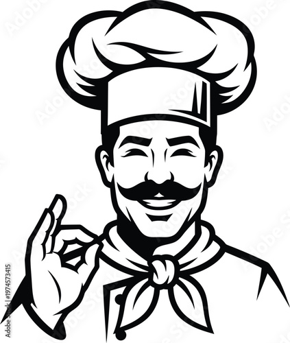 Smiling male chef with mustache wearing a toque and giving the ok hand gesture illustration mustache restaurant