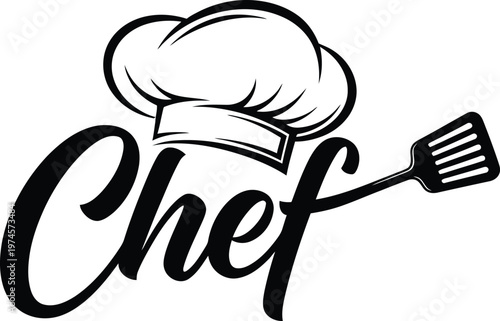 Stylized calligraphic text reading chef with a toque hat and a spatula for restaurant signage and culinary logos