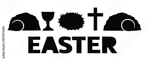 Easter religious symbols vector illustration. Empty tomb, chalice, crown of thorns, and cross, black silhouette graphic for Christian holiday designs, spiritual events, and church communications.