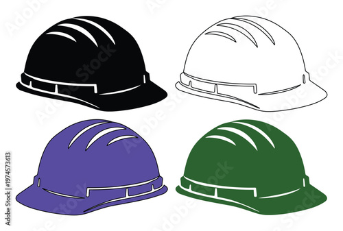 Industrial safety hard hat vector set, protective construction helmet collection, essential worker headwear, engineering and building site equipment, isolated on white background