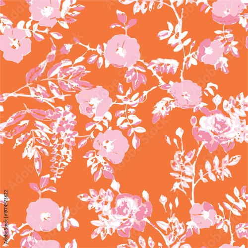 Big flowers pattern, upscale floral pattern. graphical textures floral, trendy colors pattern , flowers background with leaves. vector illustration.