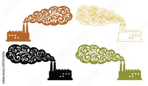 Industrial factory silhouette vector set, four distinct color variations of a smoking plant, ornate smoke plumes, environmental pollution concept, manufacturing industry graphic resource