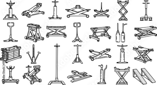 Automotive Vehicle Lifting Tools Line Art Set. Collection of Car Jacks, Stands, Ramps, and Hoists. Black and White Outline Icons for Repair  Maintenance.