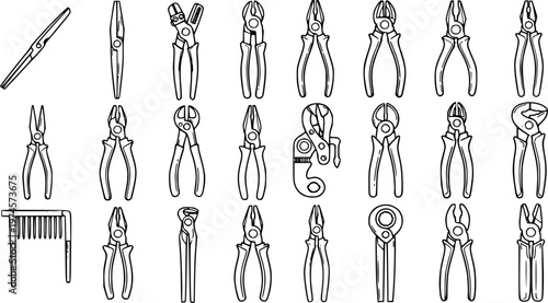 Industrial Hand Tools Collection: Black and White Line Art Icons Set of Pliers, Cutters, and Nippers for Repair, Craftsmanship, DIY.