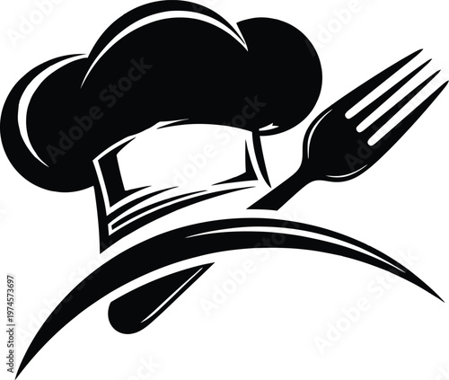 Minimalist black chef hat and fork silhouette icon with swoosh for restaurant logo and culinary branding, catering