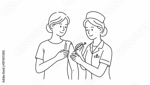 Nurse Administering Vaccine to Patient Line Art Illustration