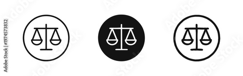 Scales of justice in a circle icon set, representing the fundamental symbol of law and equity.