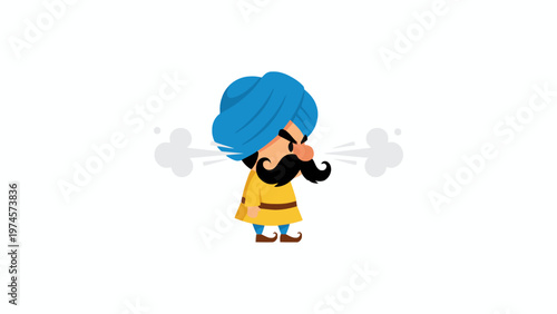 Angry Indian Man with Blue Turban Character Blowing Steam