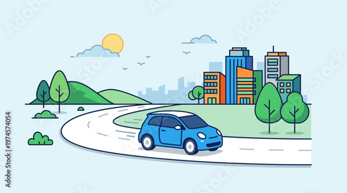 Blue Car on a Winding Road.