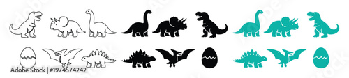 Cute Dinosaur Vector Icon Set, playful prehistoric animal silhouettes and outline illustrations, perfect for kids' designs, educational materials, and party invitations