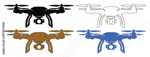 Modern drone vector icon set, four quadcopter designs with camera, black, brown, blue, and outline styles, aerial photography and delivery technology graphics