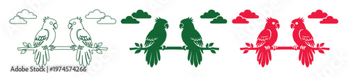 Colorful parrot vector icon set, two birds on a branch with clouds, outline, green, and red variations. Tropical avian design elements for nature, wildlife, or exotic themes.
