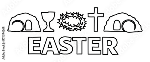 Easter religious symbols vector illustration, Christian holiday graphic elements, empty tomb, chalice, crown of thorns, cross, resurrection concept, black and white line art for spiritual designs