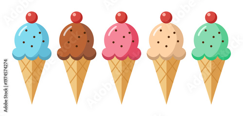 ice cream cones with different flavors and toppings