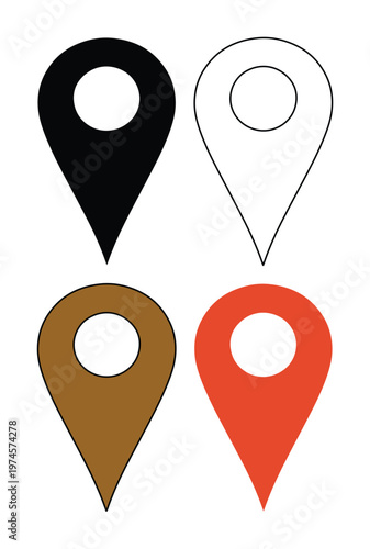 Location pin icon set, 4 vector map pointer symbols, GPS navigation markers, destination locator graphics for digital design and web interfaces