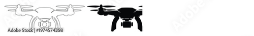 Modern drone technology vector icon, sleek black quadcopter silhouette, aerial photography and videography equipment, remote control flying camera for delivery and surveillance applications