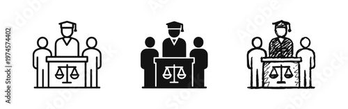 Courtroom justice icons with judge, jury, and scales of law in line, solid, and hand-drawn styles.