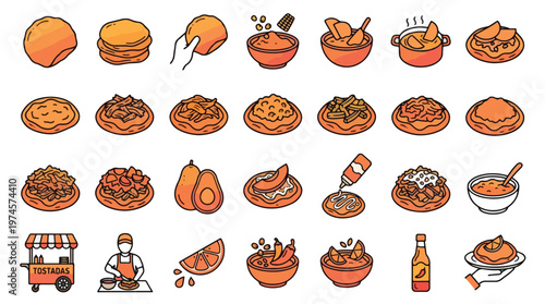 Mexican Tostada Icon Set in Line Style. A collection of food linear icons including crispy tortilla, avocado, salsa, lime, chili, street food cart, and more. Editable stroke.
