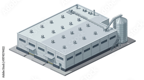 Isometric illustration of a modern industrial complex. Large factory or warehouse building, featuring loading docks and an attached storage silo, ideal for manufacturing and logistics