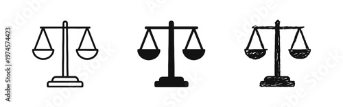 Classic scales of justice icon set, symbolizing law, equity, and judicial balance in various styles.