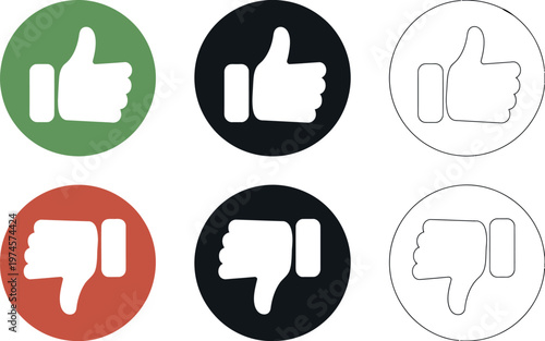 Thumbs up and thumbs down icon set vector illustration like and dislike approval symbols for social media, feedback, and user interface design