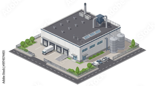 Isometric view of an industrial warehouse building with trucks and cars parked outside, depicting logistics and manufacturing