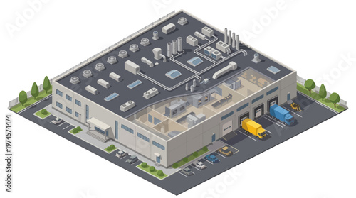 Isometric illustration of a modern industrial building with loading docks and delivery trucks