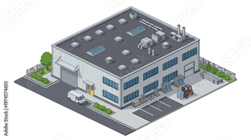 Modern industrial warehouse building with loading dock and delivery truck illustration