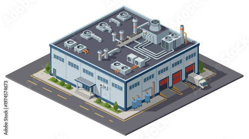 Isometric view of a modern industrial warehouse building with loading docks and HVAC systems on the roof