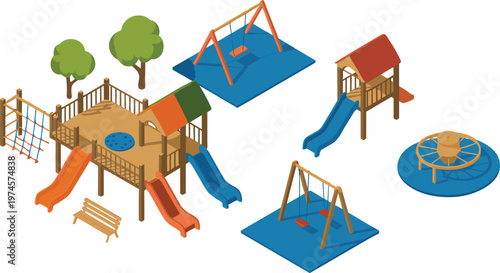 Isometric playground equipment set with slides swings and climbing structures vector illustration for park design