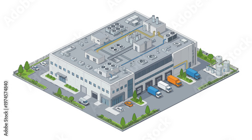 Isometric vector illustration of a contemporary industrial factory or warehouse building, complete with loading docks and delivery trucks for logistics and distribution services