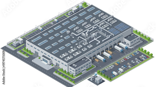 Isometric illustration of a large, modern industrial warehouse facility with solar panels and loading docks