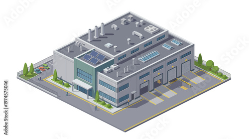 Modern industrial warehouse building with solar panels and parking lot, isometric view