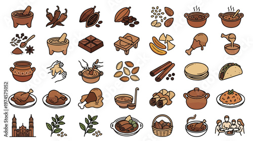 Mexican Mole Sauce Icons in Line Style. A collection of linear icons, including chili, cocoa, spices, molcajete, chicken, tortillas, pots, and more. Editable stroke, mexico, sauce, cooking.