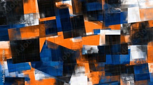 Glitch art abstract background with blue and orange cubes