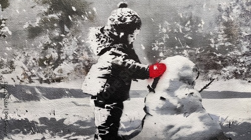 Illustration of a child building a snowman in winter