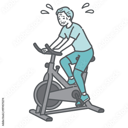 汗だくで辛そうにフィットネスバイクを漕ぐシニア男性のイラスト