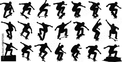 Set of skateboarder silhouettes performing various jumping tricks and air stunts, urban street sports vector illustration isolated on a clean white backgroundSet of skateboarder