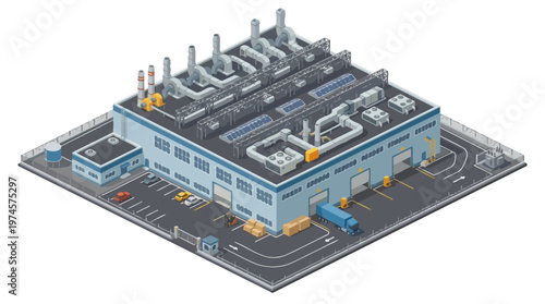 Modern Isometric Industrial Factory Building with Advanced Logistics Operations and Cargo Trucks at Loading Dock, Representing Manufacturing and Efficient Supply Chain Management