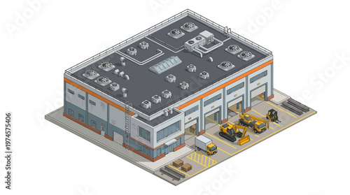 Isometric industrial building with heavy machinery and delivery trucks, representing logistics and construction operations