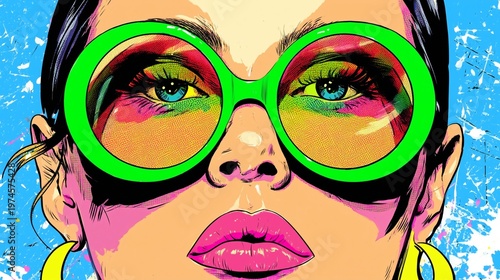 Pop art woman with green glasses and vibrant colors