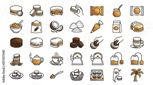 Alfajor Icon Set in Linear Style. A collection of linear icons representing Latin American sweets, including dulce de leche, coconut cookie, tea, mate, pastry, biscuit, and more. Stroke set.