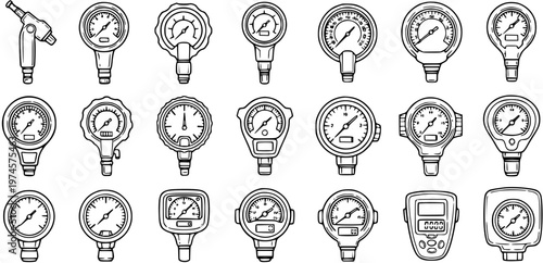 Automotive and Diving Pressure Gauges Vector Line Art Icons Set. Hand-drawn collection of tire and underwater measurement devices and tools.