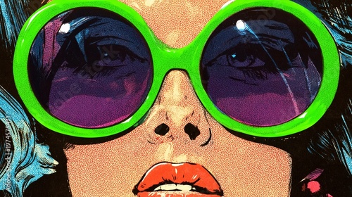 Close up pop art woman portrait with green glasses