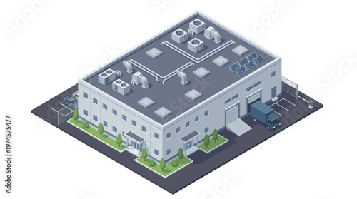 Modern Isometric Industrial Building with Advanced Logistics, featuring a Loading Dock, Delivery Truck, Rooftop Solar Panels, and HVAC Units for Factory or Warehouse Operations Concept