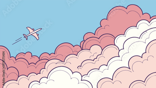 A whimsical airplane soaring above a sea of pastel clouds in the sky Background design 