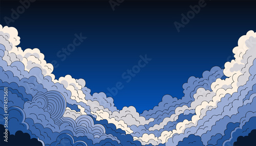Serene skyline with fluffy clouds against a deep twilight sky background 